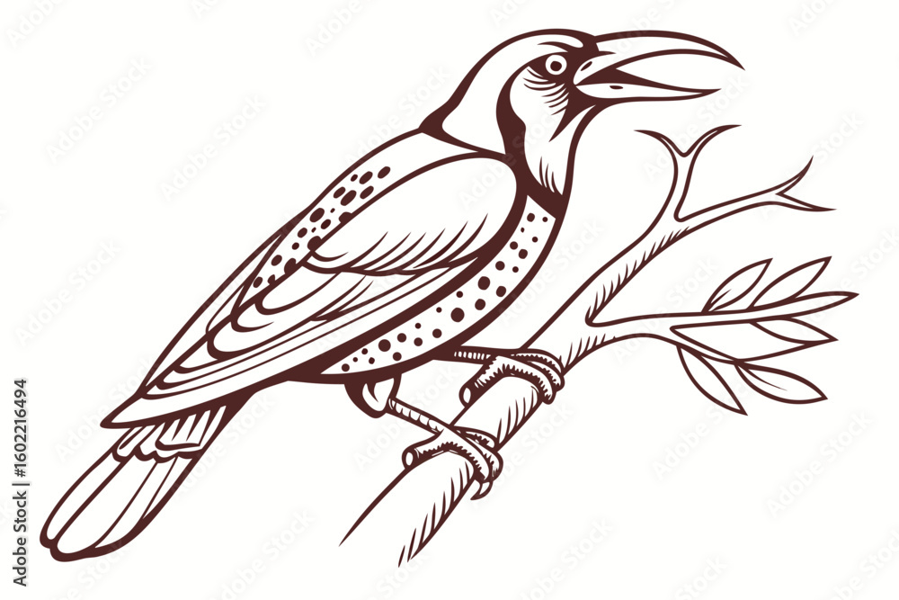 Poster detailed illustration of a bird perched on a branch showing intricate feathers and facial features i