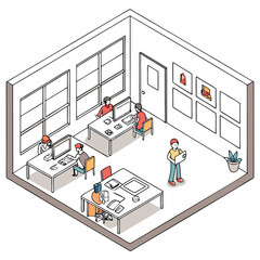Isometric view of a modern office space with people working at desks collaborating and focusing on computers creating a productive work environment
