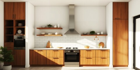 Modern wooden kitchen with sleek stainless steel appliances and white tiled backsplash