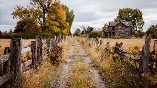 Worn out country road lined yellowing grass and broken wood fences overgrown field on one side and abandoned rural house on the other captured in muted autumn tones