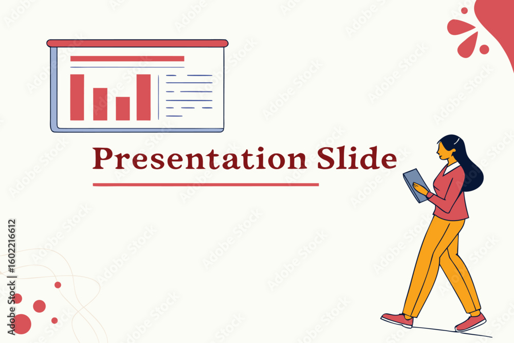 Poster creative business presentation slide with graphs and a woman presenting in a modern workspace settin