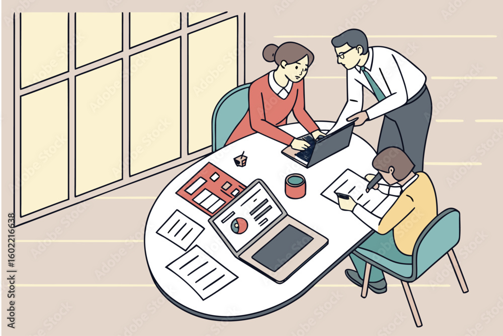 Poster employees collaborate at a modern office workspace discussing project plans while using laptops and 