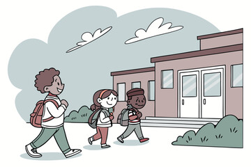 Children walking to school during a sunny day, excited to start their day of learning and activities with friends in a vibrant, cheerful neighborhood