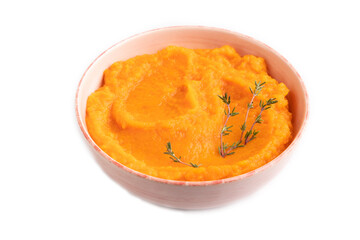 Sweet potato porridge in ceramic bowl isolated on white. Diet, healthy eating. side view, close up