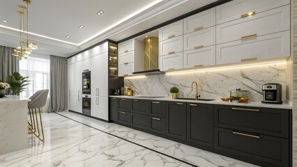 Sophisticated Kitchen with Dark Lower Cabinets and Light Upper Cabinets and Marble Backsplash