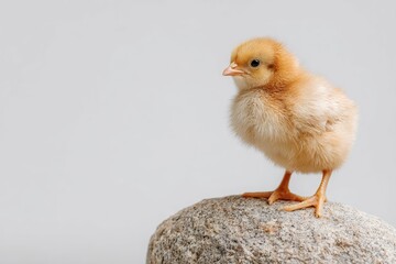 Fototapeta premium A small yellow chick stands on a gray textured rock against a light gray backdrop