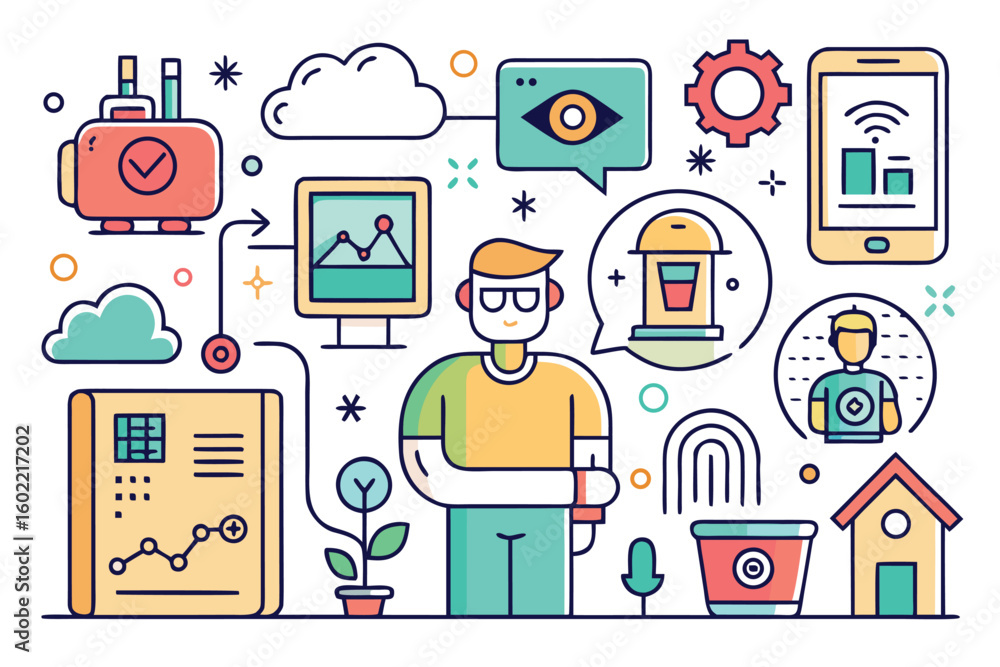 Poster exploring the concept of digital innovation through various symbols of technology and communication 
