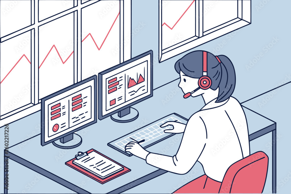 Poster professional woman working at a desk with multiple computer screens, utilizing headset for communica