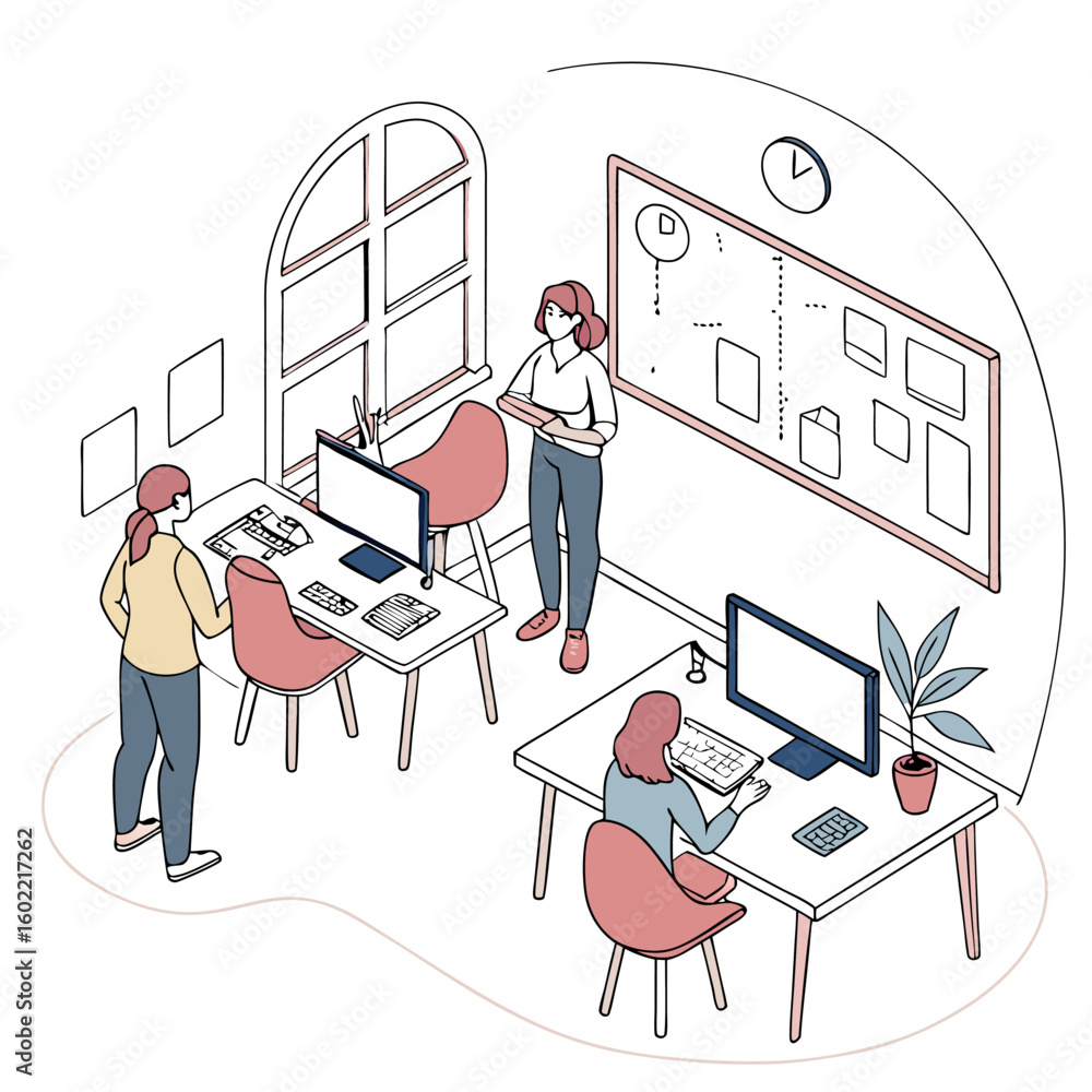 Aufkleber three women in a modern office collaborate on projects at desks with computers and a whiteboard disp