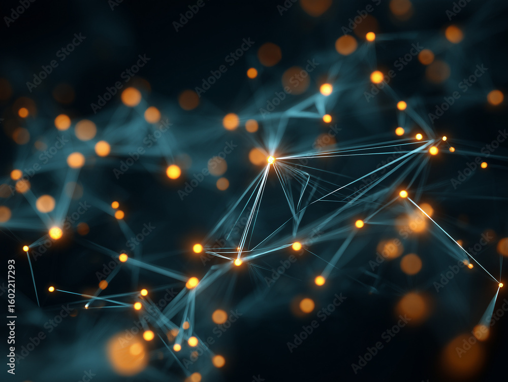 Poster dynamic network connections with glowing nodes, perfect for illustrating data flow and technology co