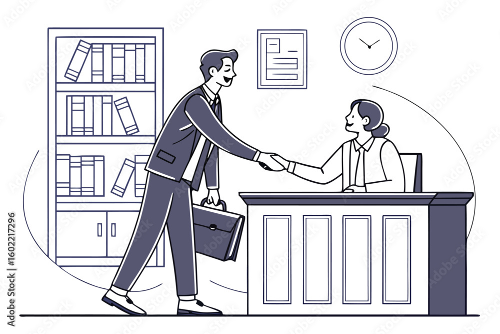 Poster business meeting between a client and receptionist in a modern office setup featuring shelves with b