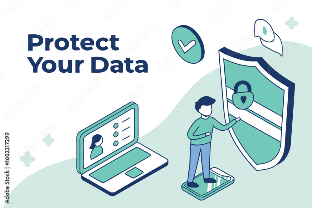 Poster data protection illustration showing a person securing information on a laptop, emphasizing cybersec