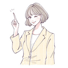 手描き・水彩画風の指を指して説明しているスーツの女性イラスト素材