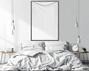 Minimalist bedroom interior with a blank poster frame above the bed (1)