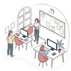Three women in a modern office collaborate on projects at desks with computers and a whiteboard displaying a plan fostering teamwork and productivity