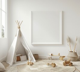 A minimalist playroom with a teepee. wooden toys. and a large blank canvas