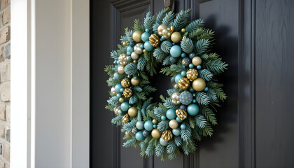 Teal Gold Pine Cone Christmas Wreath on Dark Door