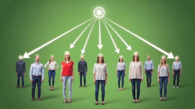 Team Connected: Arrows Linking People to Central Idea on Green