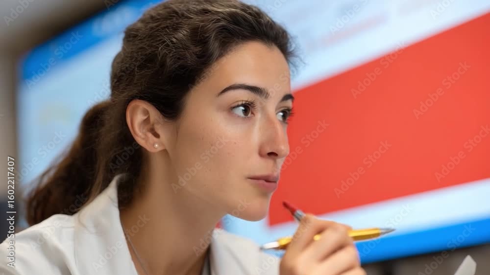 Poster intense focus: a professional woman, deep in concentration, thoughtfully analyzes data displayed on 