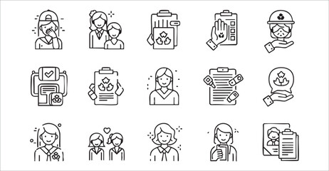 A minimalist set of outline icons showcasing professional women, business tasks, and healthcare concepts in a clean graphic style.