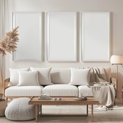 Minimalist living room interior with three blank frames above a white sofa. wooden coffee table. and a fluffy rug