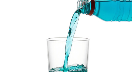 Pouring Refreshing Blue Liquid into Glass on White Background