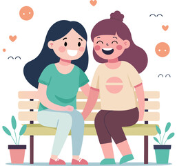 Two happy young women friends sitting closely together on a park bench holding hands and smiling with small hearts floating around them isolated on transparent background