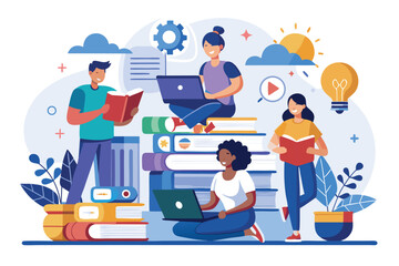 Students engaged in study and learning activities surrounded by books, laptops, and educational resources in a vibrant and creative environment