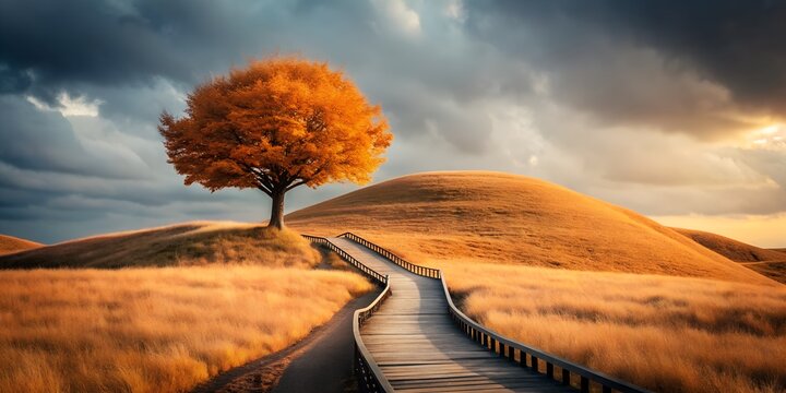 Solitary autumn tree stands majestically beside a wooden pathway leading over rolling hills under a dramatic sky