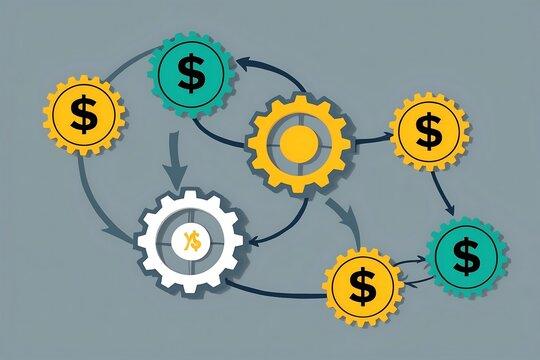 Financial Ecosystem: Interconnected Gears and Dollar Symbols Showing Money Flow and Business Processes