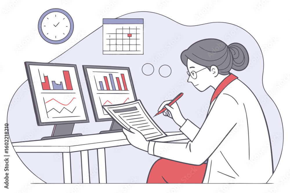 Poster professional analyzing data charts and reports in a modern office environment with computers and cal