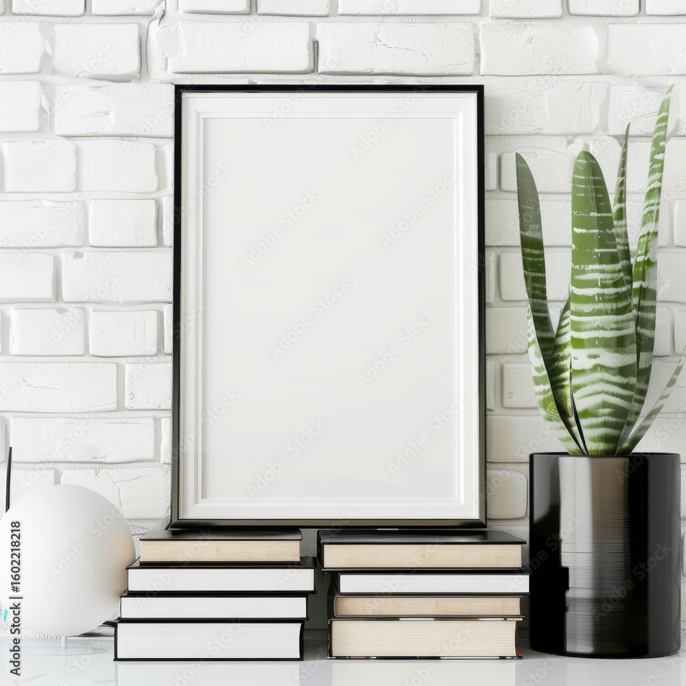 Aufkleber mockup of blank picture frame with black frame and white background. placed on top of a stack of boo