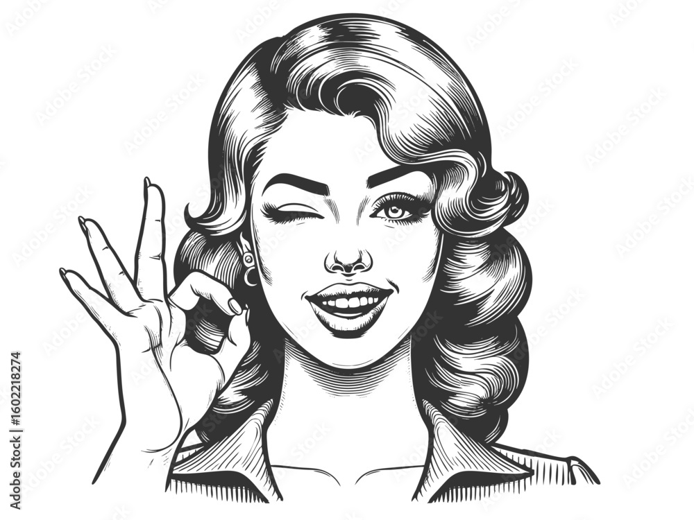 Poster smiling woman winking and making an ok sign sketch engraving generative ai fictional character vecto