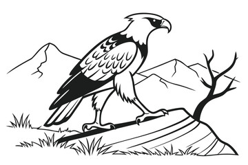 Fototapeta premium Eagle perched on a rocky outcrop with mountains in the background and a solitary tree in a natural landscape depicting strength and freedom in wildlife