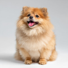 Obraz premium Fluffy Round Dog Sitting Happily with Soft Fur and Bright Expression