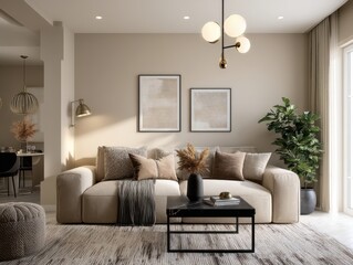 Beige living room with modern art and light