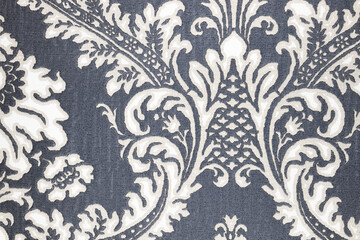 Elegant White Damask on Charcoal Grey. Vintage Baroque Floral Wallpaper Pattern Background