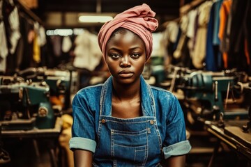 Obraz premium Portrait of a focused African woman seamstress in well-stocked Small black girl