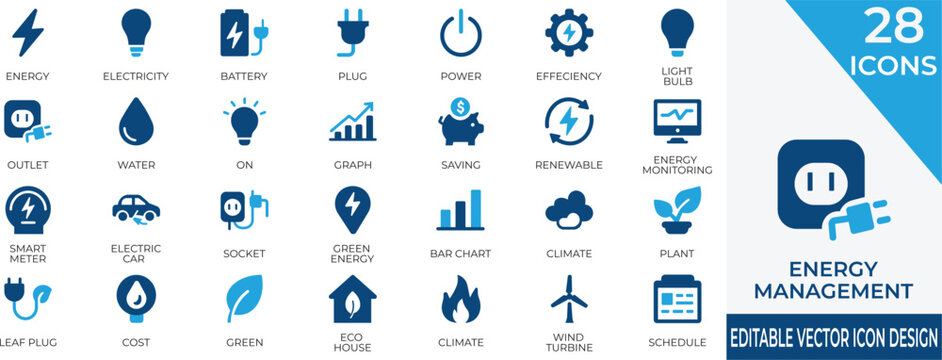 Modern fill style energy management icon set including renewable, battery, electricity, and eco-friendly power symbols for your projects. Perfect for  green energy, and climate-saving design needs.