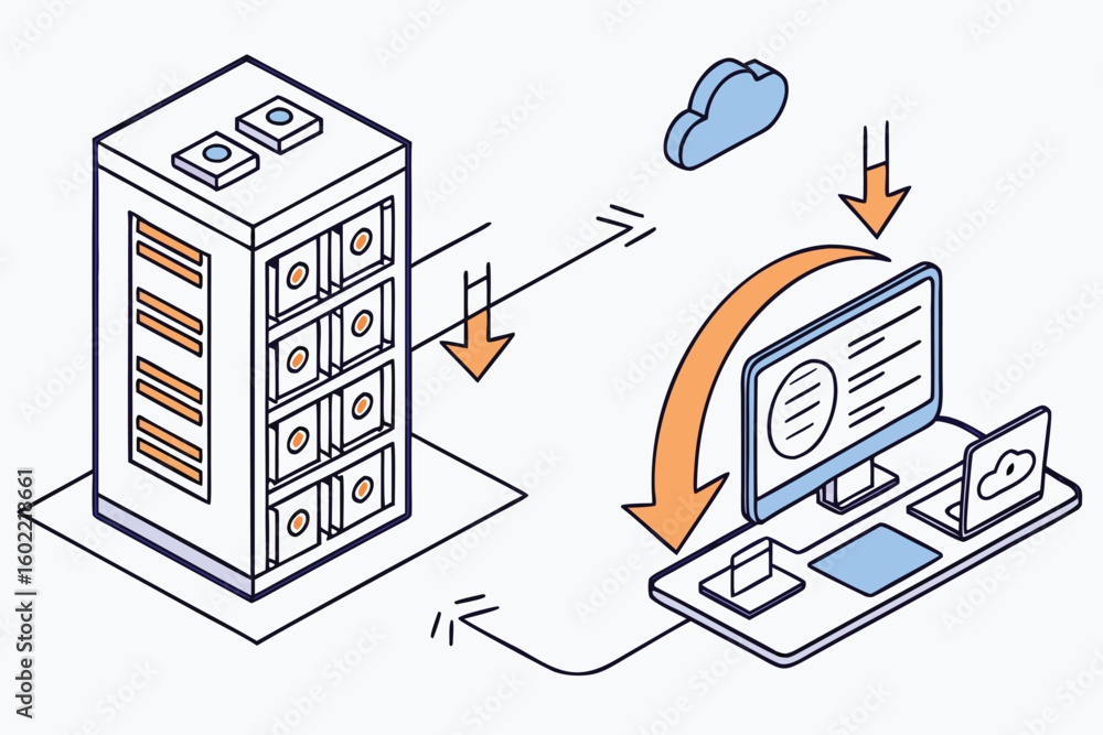 Poster data transfer between a server and a computer with cloud connectivity represented in a simplified gr