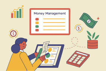 Techniques for money management illustrated with charts, currency, and a plant in a modern workspace setup
