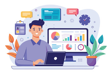 Professional man working on a laptop in a modern office environment with charts and graphs displayed on the screen, surrounded by plants indicating a vibrant workspace