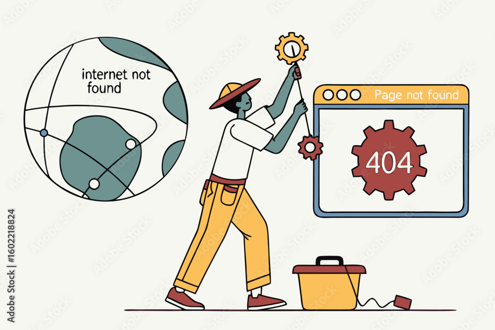 Poster individual troubleshooting a 404 error with gear icons and an internet connectivity graphic in a min