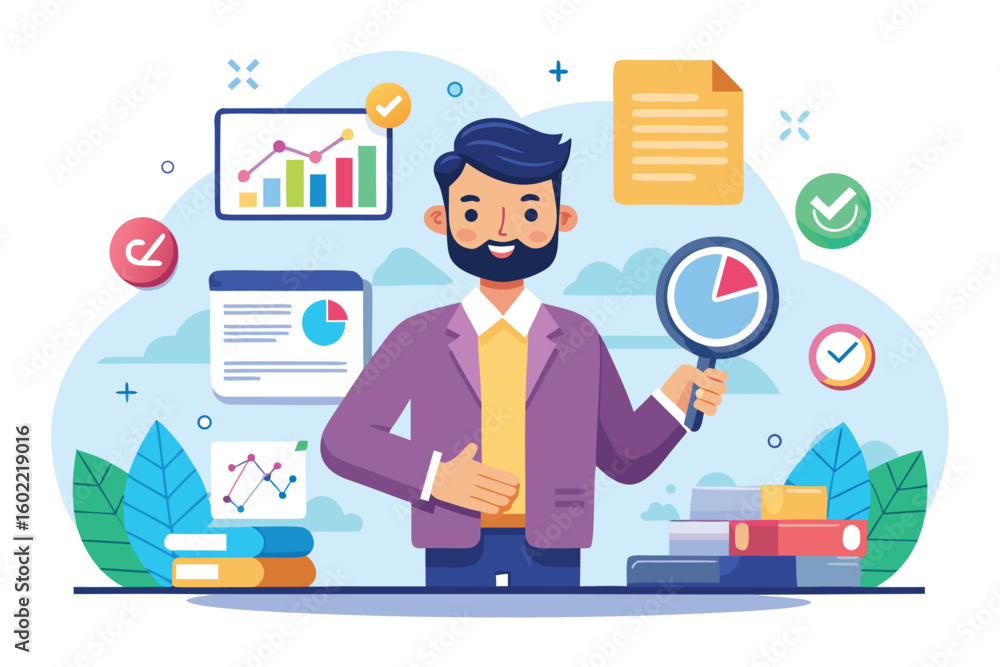 Poster professional man analyzing data and presenting charts in a modern workspace filled with charts, repo