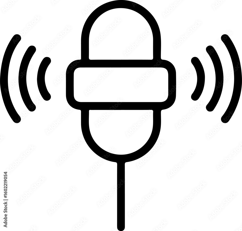 Poster simple outline icon of a microphone with sound waves emanating outwards symbolizing audio broadcasti
