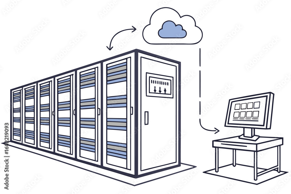 Poster data center connected to cloud storage with server racks and desktop computer in a digital illustrat
