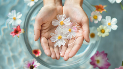 Serene Spa Treatment: Woman's Hands Gently Holding Delicate White Flowers in Water Bowl.