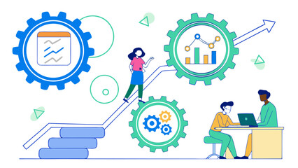 Business growth and collaboration illustrated with gears charts and people working together to achieve success and improve performance