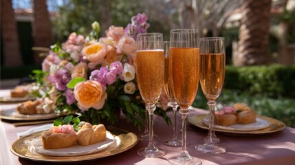 Elegant brunch celebration with champagne and floral centerpiece outdoor garden food photography serenity close-up shot