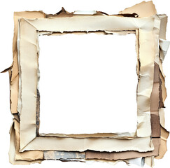 A square frame made of old paper with rough edges, creating a vintage look, Scrapbook frames isolated on transparent background